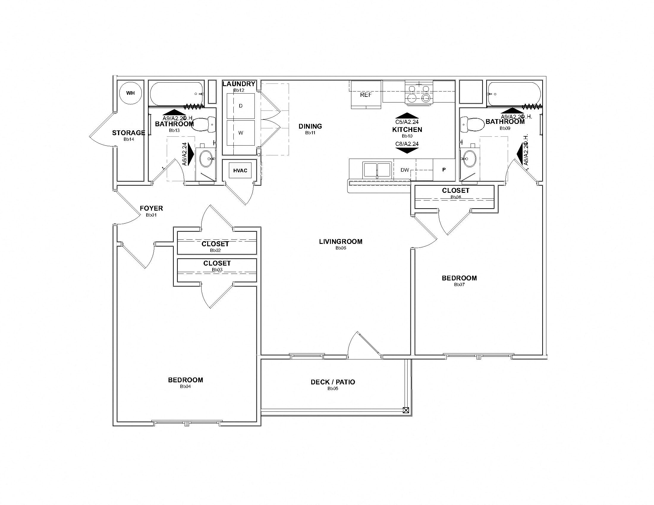 Floor plan for 2 beds, 2 baths, 990 sqft